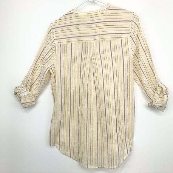 Lucky Brand Cream Brown Pinstripe Cotton Half Button Roll Sleeve Tunic Blouse - Picture 5 of 14